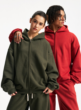 430G恒温暖皮加绒 男女美式基础宽松短款Boxyfit侧袋拉链连帽卫衣