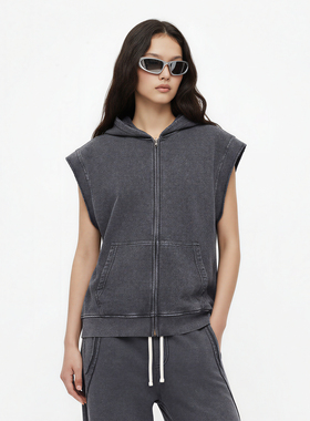 400G重磅纯棉毛圈面料 水洗做旧蜡染无袖宽松连帽拉链卫衣 背心