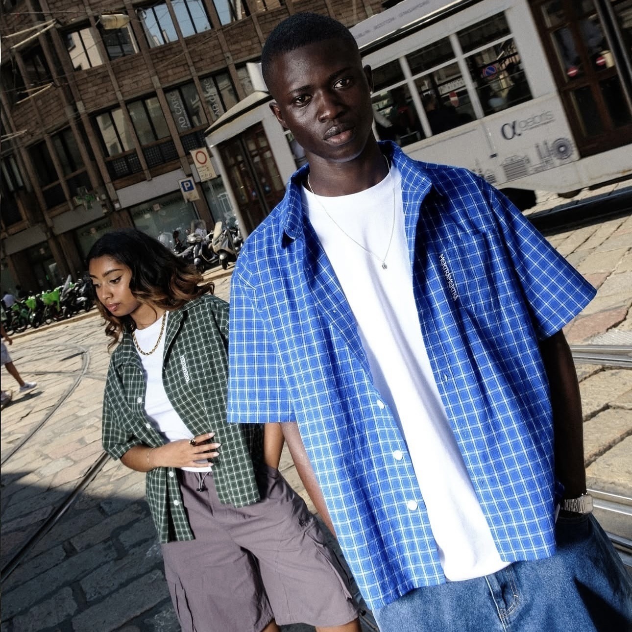 美式潮牌Mertra字母印花格子衬衫男女情侣装宽松休闲短袖衬衣夏季