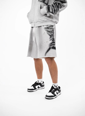 MIXED EMOTION 美式抽绳短裤印花破洞毛边男女同款高街夏季百搭潮