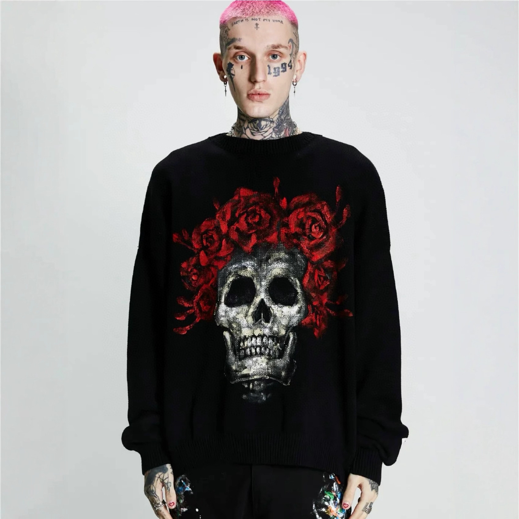 美潮SSSAINT LOUIS玫瑰骷髅手绘套头圆领毛衣男女同款欧美街头潮