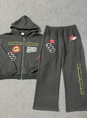 外贸Broken Planet美式高街字母发泡印花拉链卫衣休闲长裤