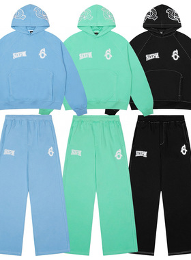 6PM Drill美式街头嘻哈加绒连帽套头卫衣修身卫裤男女休闲套装 潮
