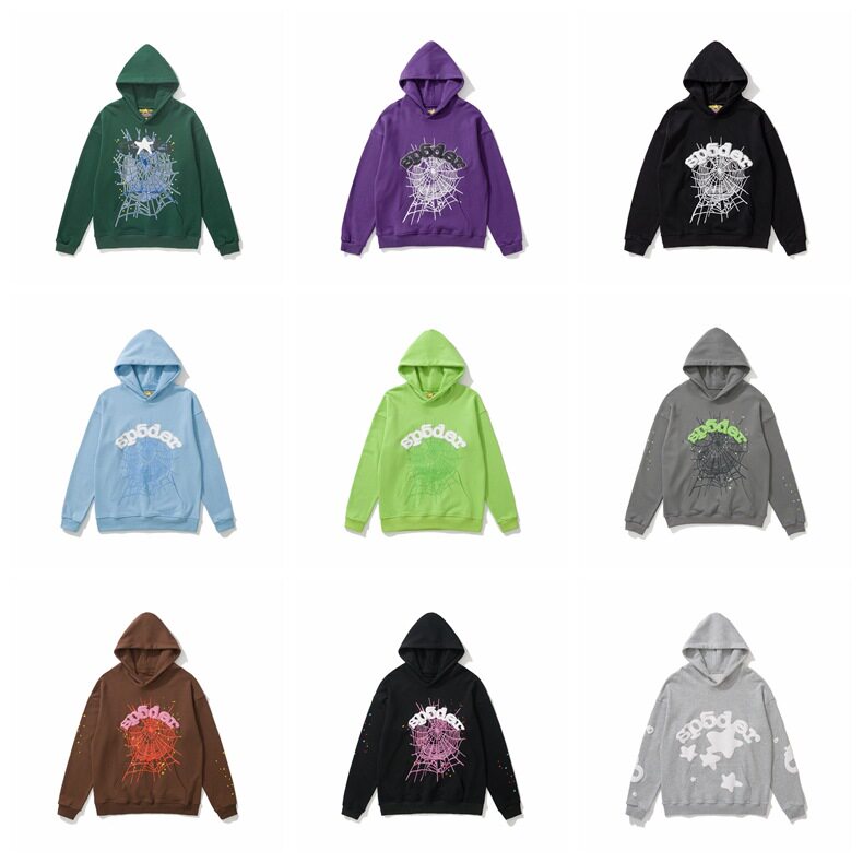 sp5der美潮55555蜘蛛网发泡印花男女毛圈宽松休闲连帽衫卫衣