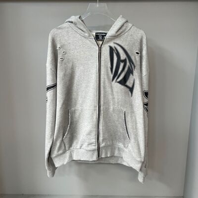 美潮MIXED EMOTION重磅磨破洞印花连帽开衫卫衣拉链外套男女款潮