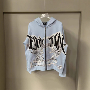 美潮 MIXED EMOTION 街头复古印花烫钻字母高街男女开衫连帽外套