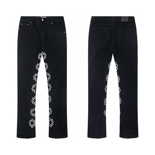 LOSTSHDWS JEANS 太阳花朵重工镂空刺绣美式高街拼接微喇牛仔裤潮
