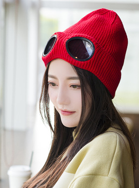 秋冬季女士防风镜加绒滑雪帽针织保暖毛线帽子户外骑行套头防寒帽