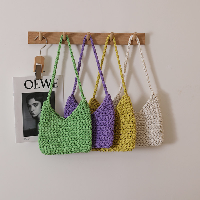 韩版简约棉线包新款百搭手工编织包度假沙滩包小众单肩包时尚女包