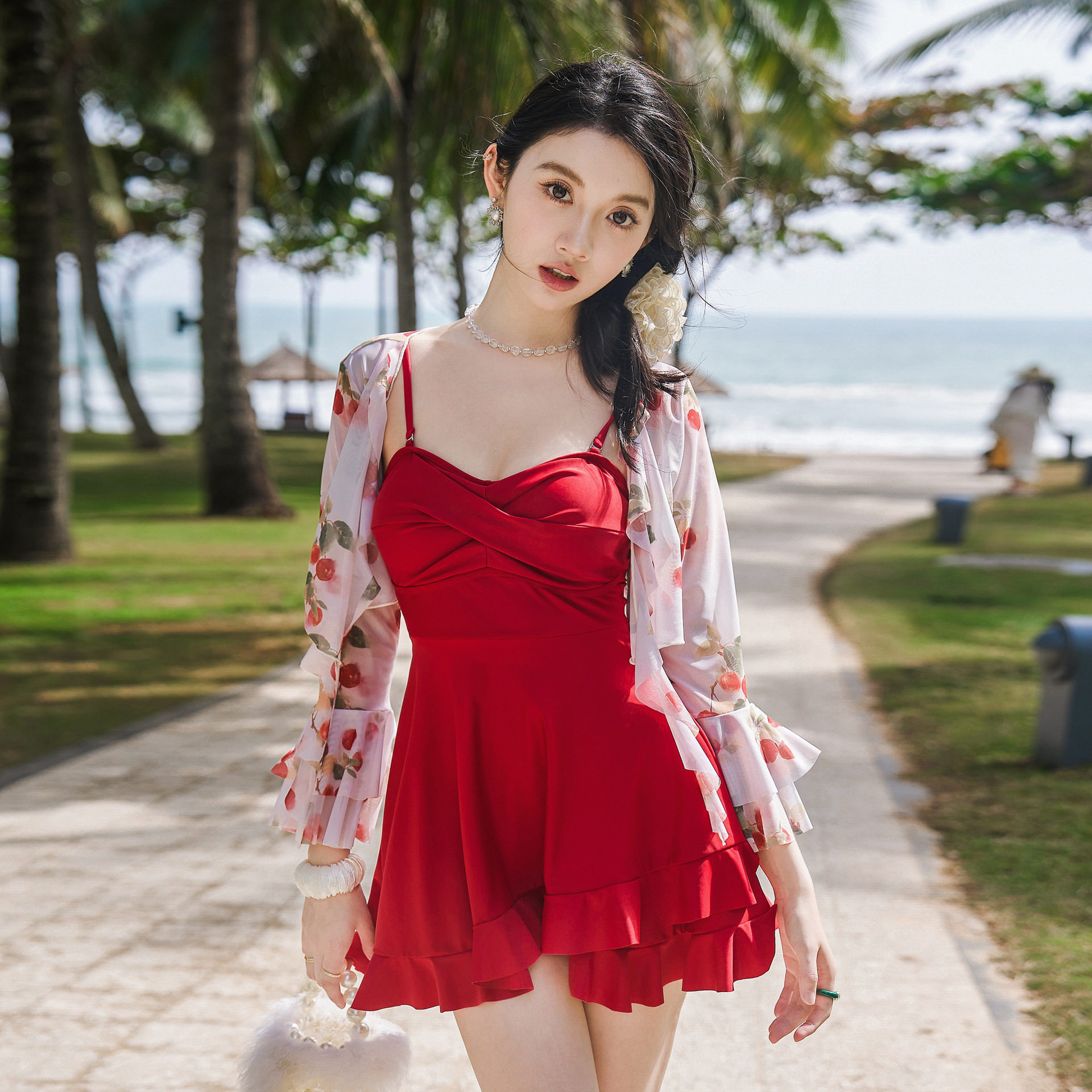 奇海纯欲连体裙式两件套长袖罩衫大码显瘦小胸聚拢温泉沙滩泳衣女