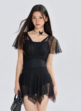 泳衣女性感蕾丝纯欲风露背大码连体两件套裙式遮肚显瘦温泉游泳装