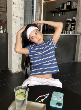 F*RVEN韩代同款圆领正肩条纹T恤短袖薄软显瘦叠