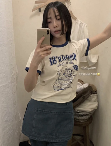 韩国东大门vi*plain女装夏季新款宽松圆领小猫图案印花短袖T恤