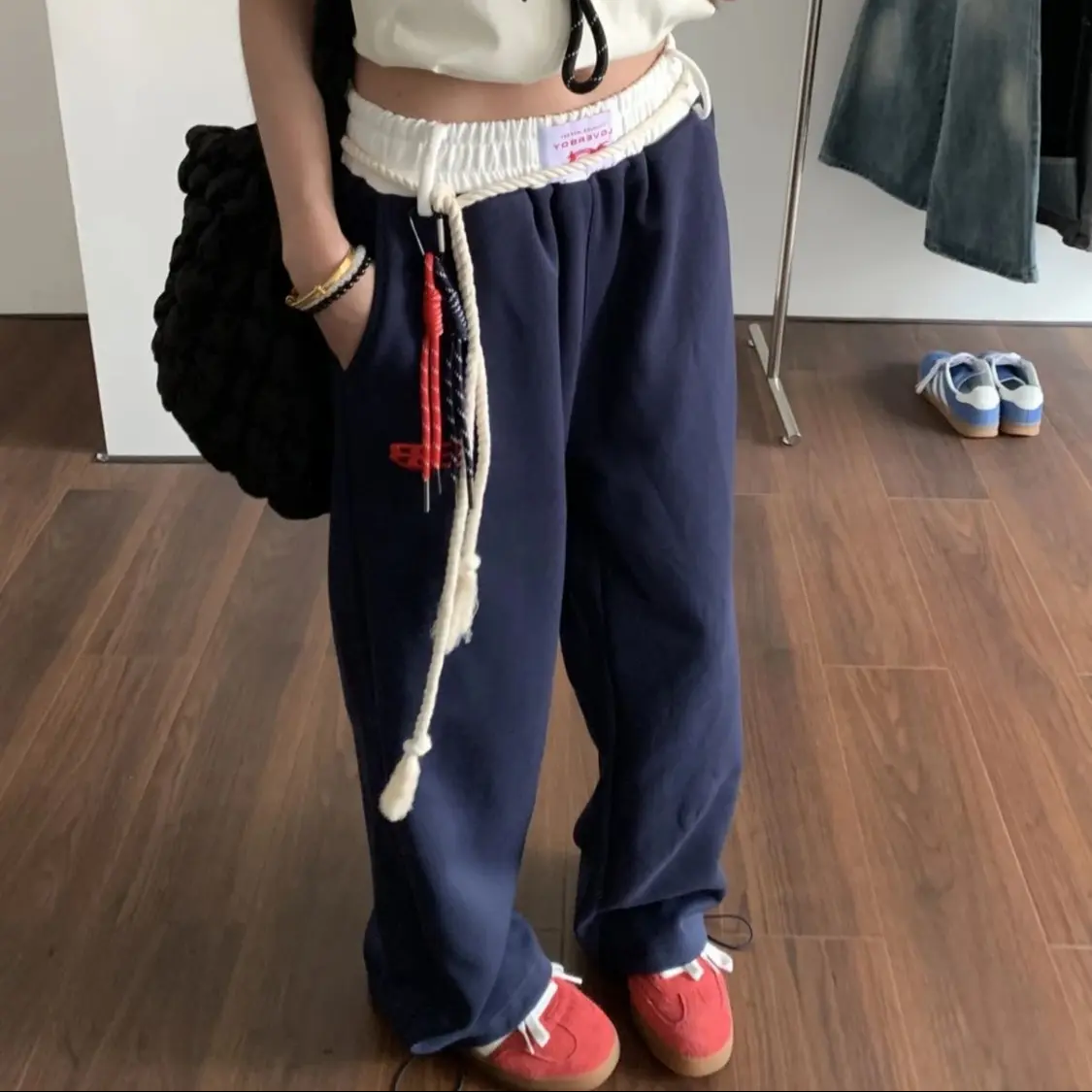 是美式辣妹 - 小标绑带美式复古撞色腰秋女休闲宽松显瘦直筒裤