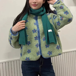 韩国东大门复古摇粒绒拉链撞色小花朵短款拉链棉衣外套显瘦百搭女