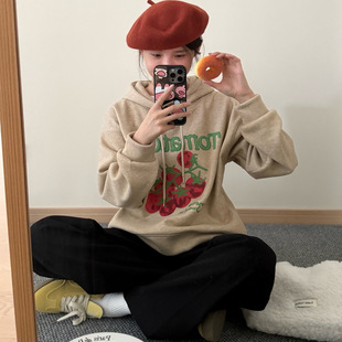 韩代- 咩咩番茄 -连帽卫衣发泡印花宽松加绒显瘦女可爱百搭慵懒
