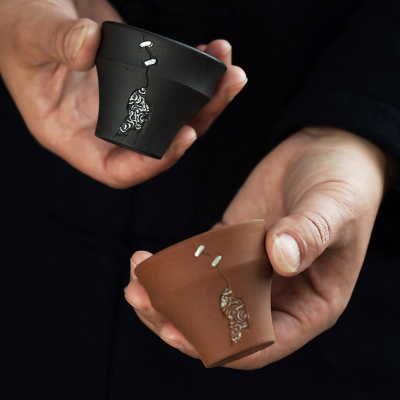 老岩泥粗陶锔钉杯手工鎏银复古中式茶杯家用单杯子品茗杯简约茶具