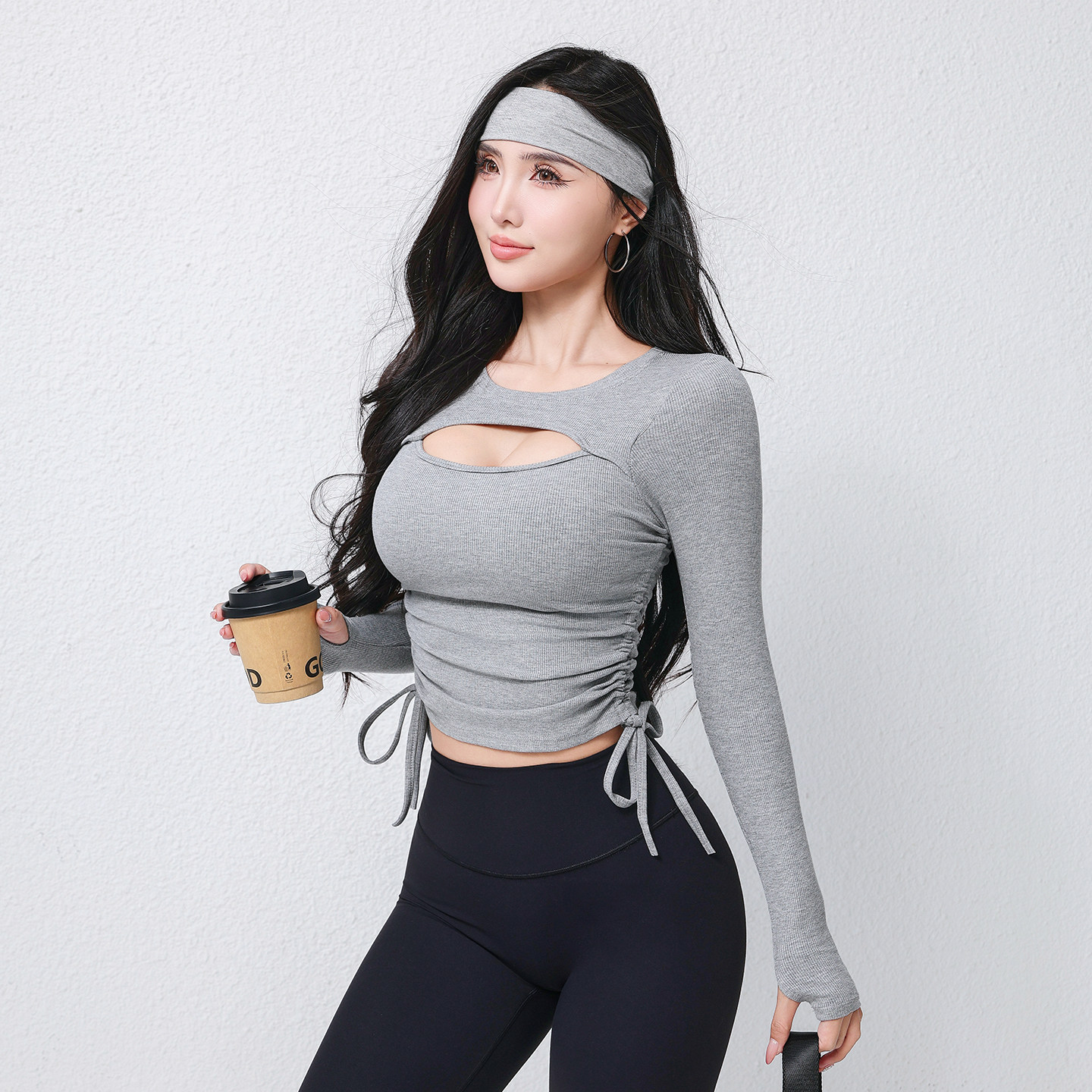 九麦一品带胸垫瑜伽服套装抽绳运动上衣2025新款跑步普拉提长袖秋