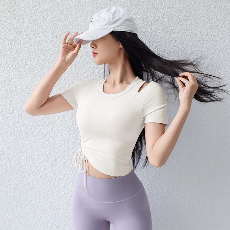 带胸垫瑜伽服2025新款防震抽绳普拉提短袖修身跑步运动上衣T恤夏
