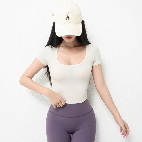 九麦一品美式外穿U领健身短袖T恤女夏辣妹修身显瘦运动瑜伽上衣