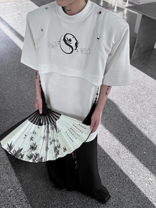 新中式风设计师款短袖T恤男金属铆钉流苏体恤潮牌 H8005 P80图片