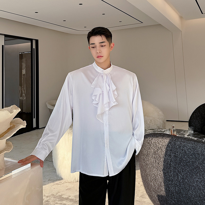 荷叶边立领长袖衬衫男宫廷风法式小众气质高级设计感衬衣H2086P80,男装衬衫,星座1114（原A254）