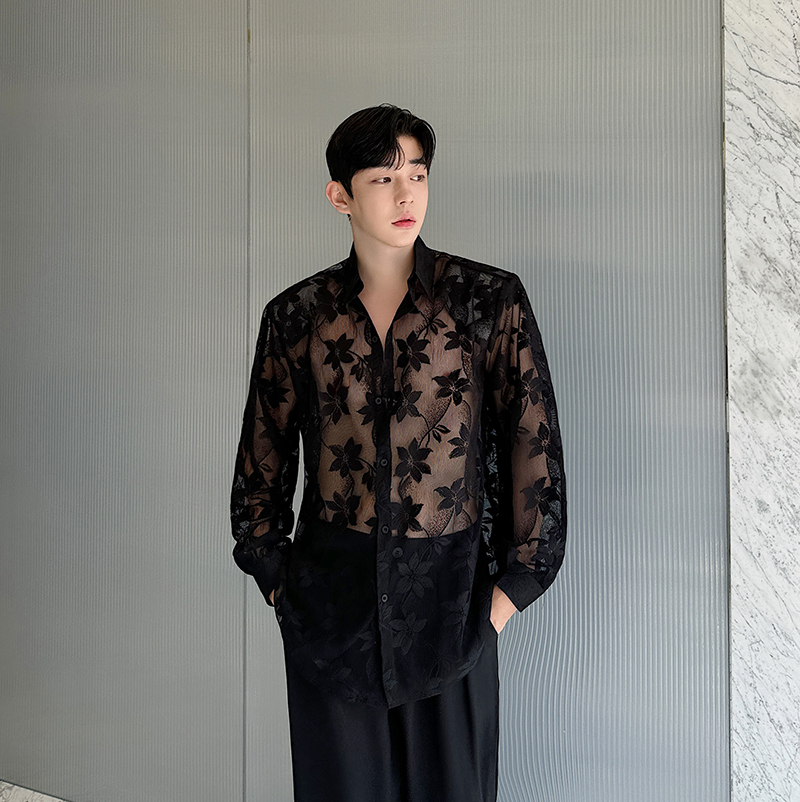 痞帅衬衣潮可透视薄款网纱设计感小众宽松休闲长袖衬衫H2153P75，男装衬衫，电商A254