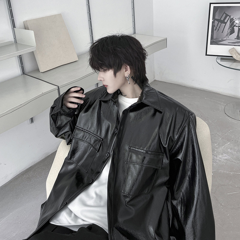 ins痞帅PU皮衬衣男外套宽松休闲衬衫设计高级感上衣潮流H2035P95,男装衬衫,星座1114（原A254）