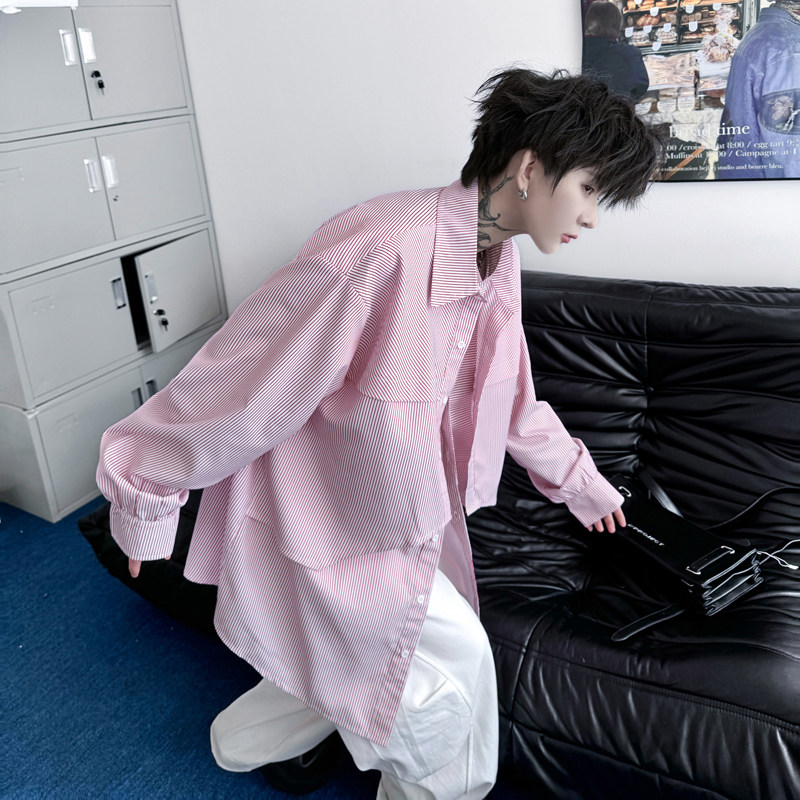 高级感韩系假两件条纹衬衫男女装宽松长袖衬衣潮H2181P85,男装衬衫,星座1114（原A254）