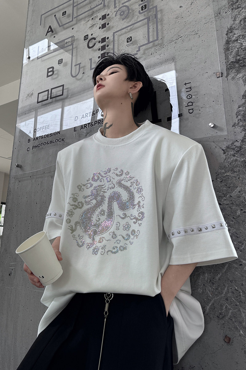 新中式烫钻压花铆钉织带T恤男装夏季短袖宽松体恤高级感H8012P80,男装T恤,星座1114（原A254）
