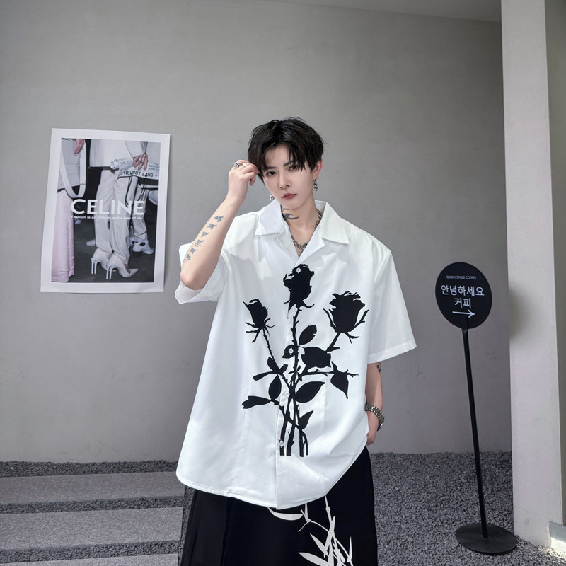 新中式高级感古巴领衬衫男个性印花短袖衬衣流行上衣潮H2138P75,男装衬衫,星座1114（原A254）