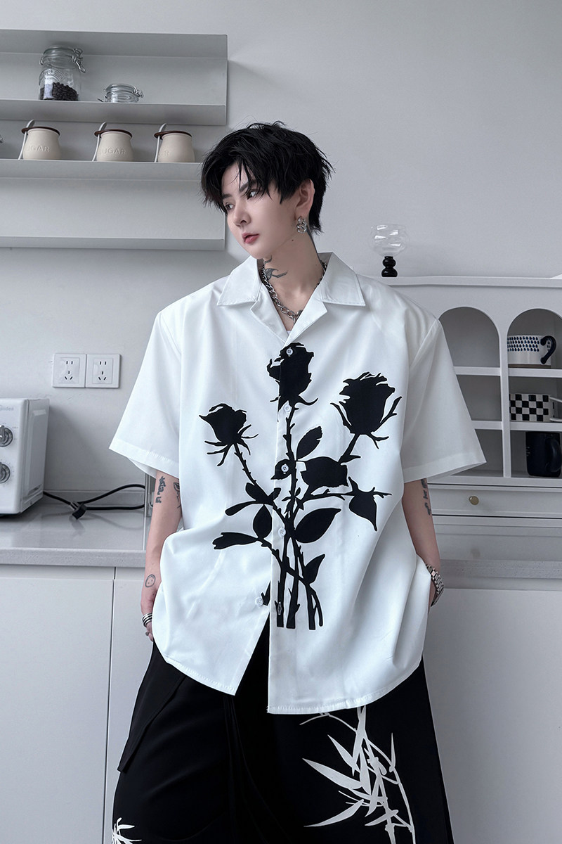 新中式高级感古巴领衬衫男个性印花短袖衬衣流行上衣潮H2138P75,男装衬衫,星座1114（原A254）