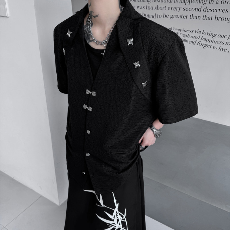 新中式金属扣小众西装男短袖设计感上衣夏季半袖西服H8018P125,男装西服,星座1114（原A254）