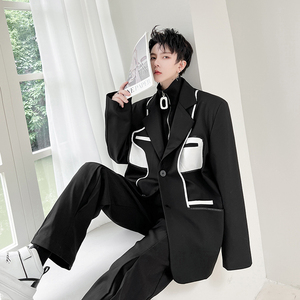 高级感黑白拼色包边设计感西装外套男ins网红抖音西服 H1730 P135图片