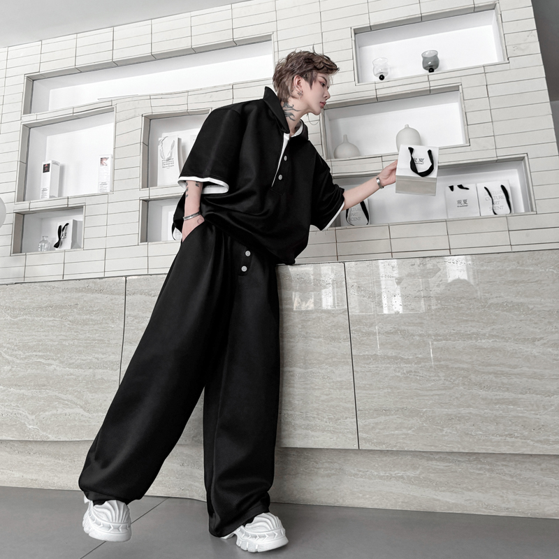 春夏黑白拼接撞色连帽套装休闲长裤弯刀裤潮流百搭H2259P170，男装休闲套装，电商A254