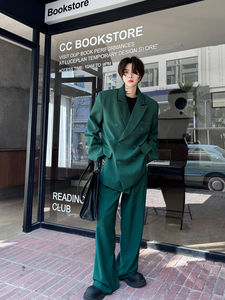 绿色双排扣垫肩西服男网红套装两件套上衣休闲西裤潮 H2119 P200图片