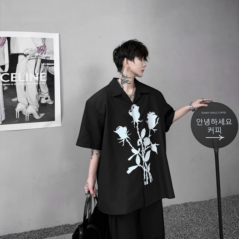 新中式高级感古巴领衬衫男个性印花短袖衬衣流行上衣潮H2138P75,男装衬衫,星座1114（原A254）