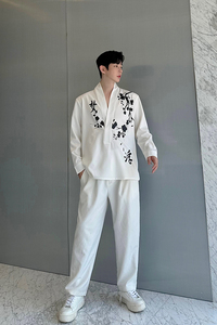 新中式男装小众高级感印花衬衫男设计感长袖衬衣韩版潮 H2166 P80图片