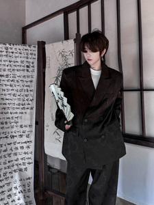 新中式提花黑色西装外套男双排扣西服套装一套休闲裤潮H2091 P200图片