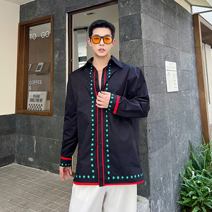 原创网红高级感小众长袖衬衫男设计师款韩版休闲衬衣潮H1802P75,女生黑色条纹短袖搭配图片图片