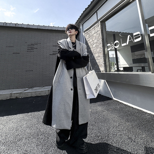 秋冬墊肩撞色拼接中長款過膝大衣加厚寬松毛呢風(fēng)衣外套H2038 P175圖片