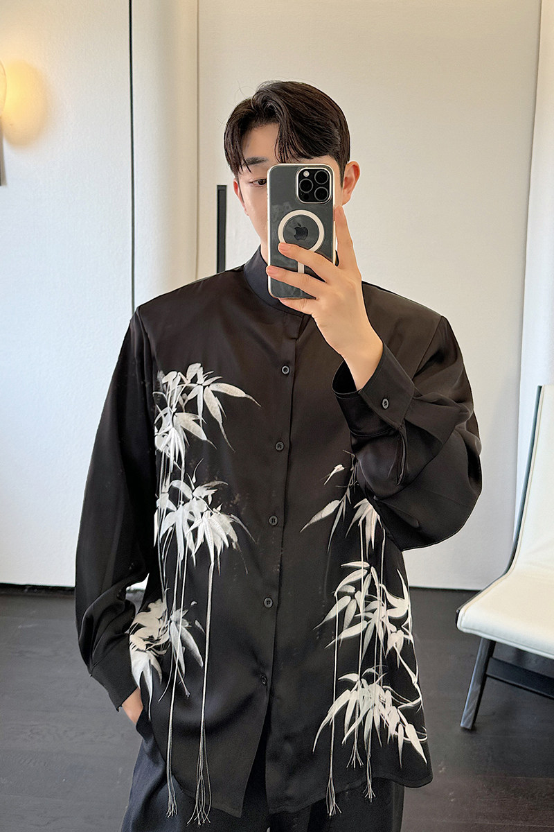 新风水墨竹子印花流苏绣设计感立领衬衫男女小众衬衣H2169P90,男装衬衫,星座1114（原A254）