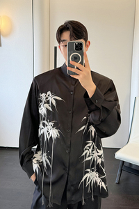 新风水墨竹子印花流苏绣设计感立领衬衫男女小众衬衣 H2169 P90图片