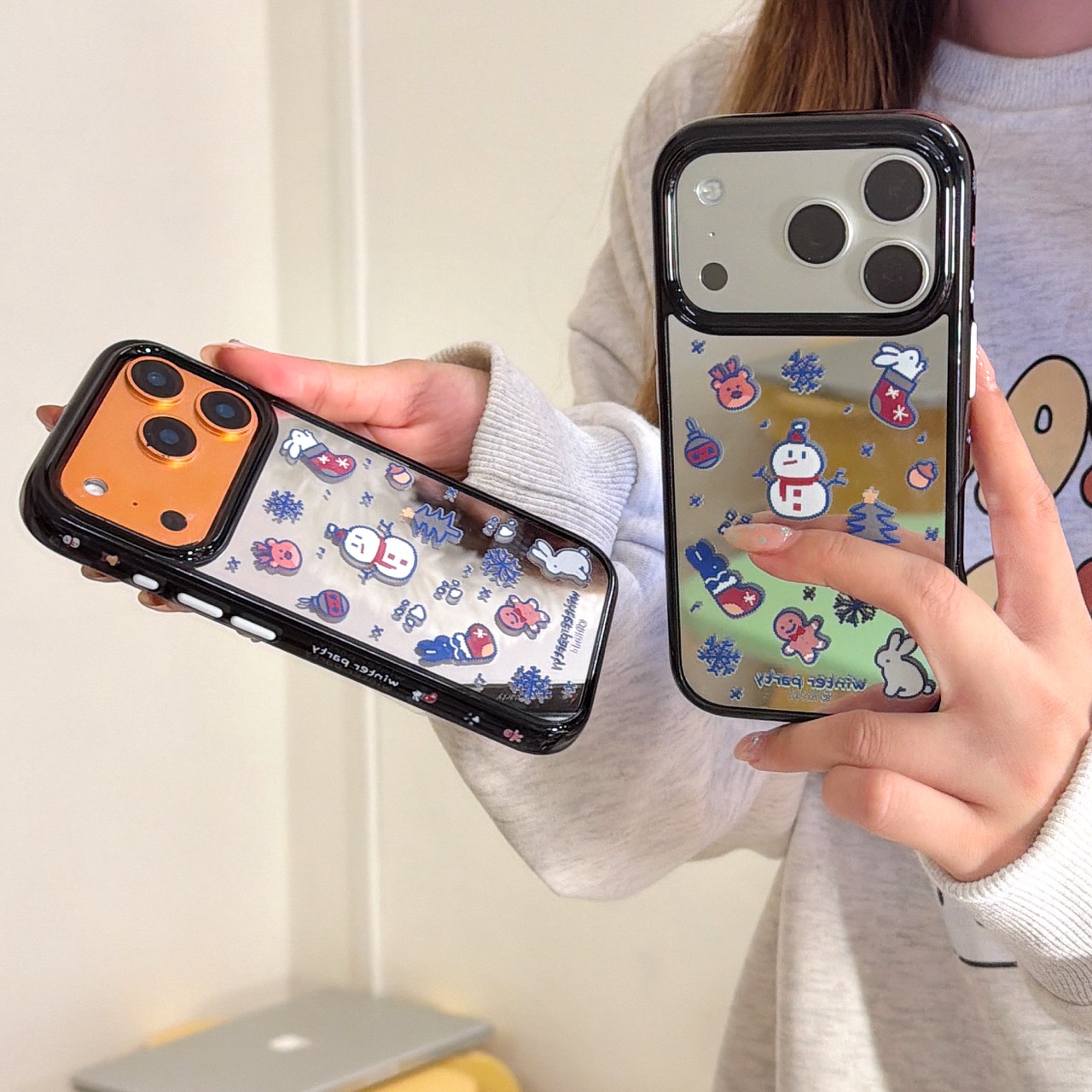 拼豆冬日小兔雪人 侧图镜面圆边太空壳系列13-17promax无13mini 13pro 13promax 14plus 15plus 16plus 17air