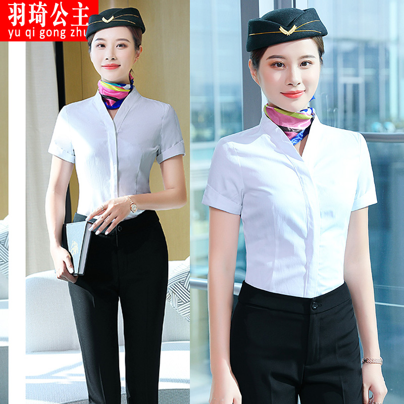 短袖气质空姐制服职业套装白色V领大码衬衣面试正装乘务员制服女