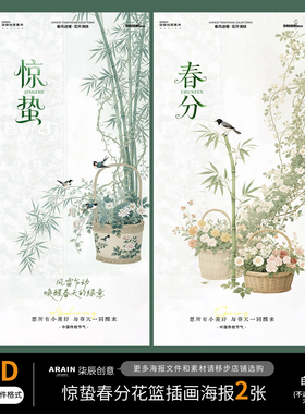 SP19春天惊蛰春天节气花鸟竹子中式插画海报-自动发货PSD源文件