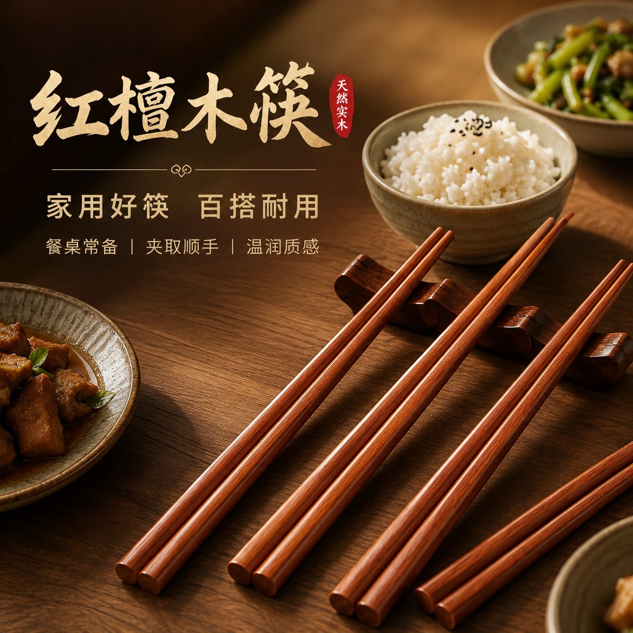 红檀木筷子10双装防滑食品级