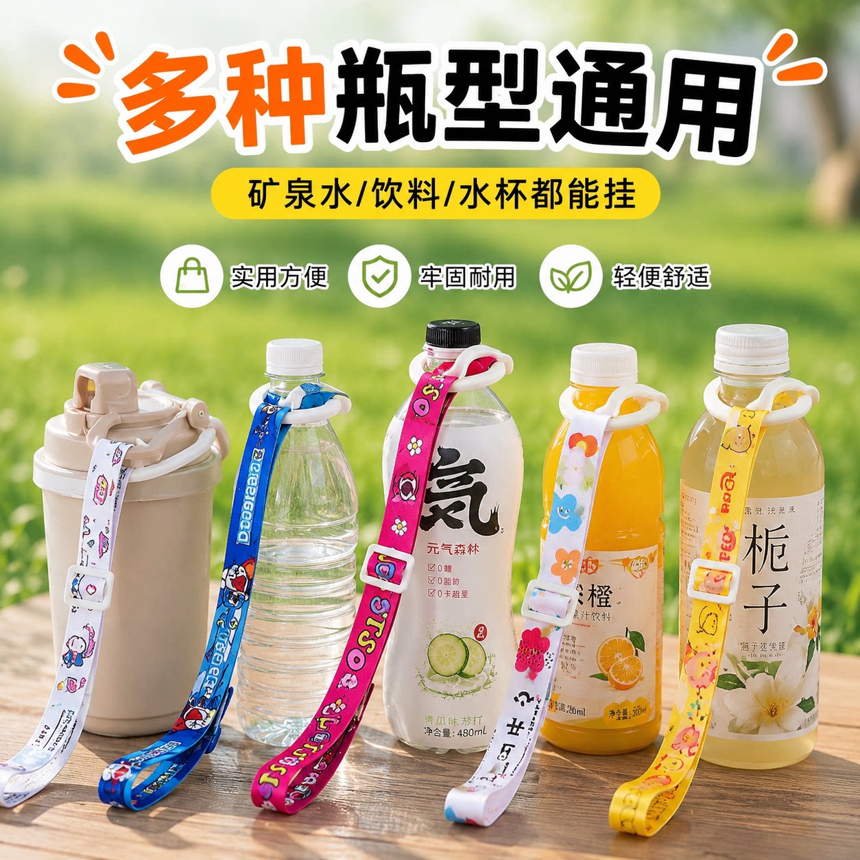 可调节饮料瓶挂绳通用便携矿泉水背带儿童水杯外出手提挂带