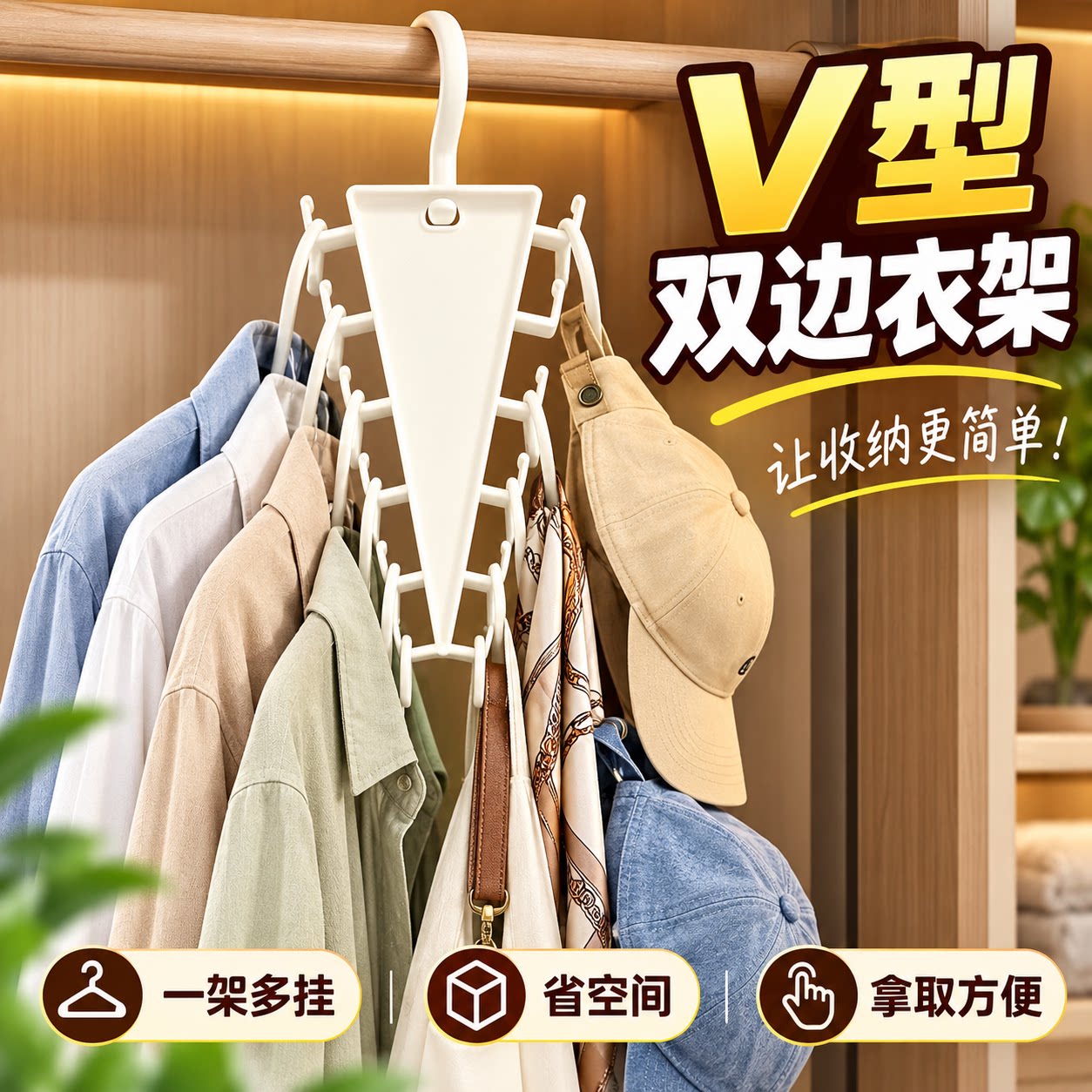 室内晾衣神器V形双边一钩多挂衣架家用衣柜宿舍多功能衣服收纳架