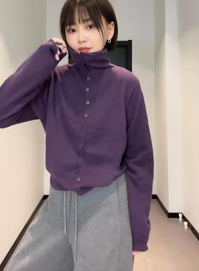 大码紫色高领内搭长袖针织上衣女秋装2025胖mm显瘦遮肉毛衣打底衫